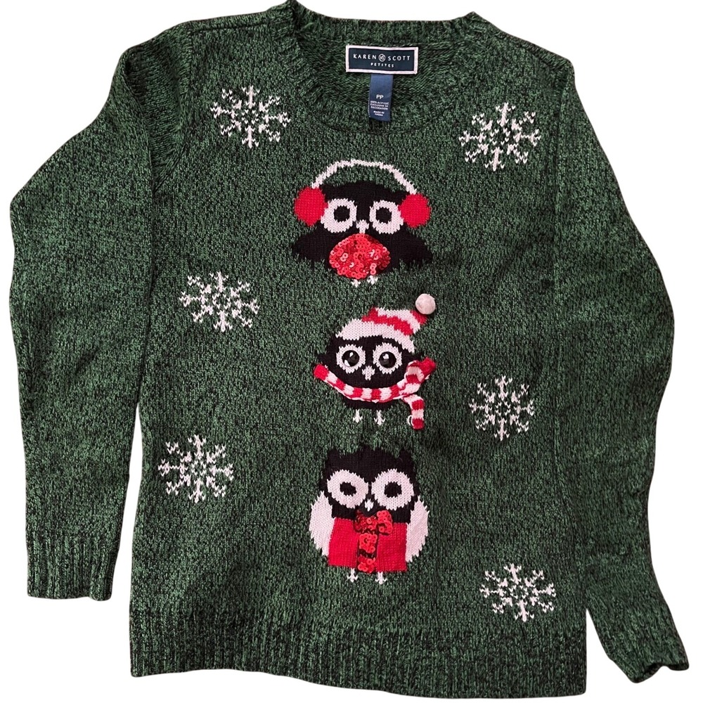 Karen Scott Petites Green Owl Christmas‎ Sweater Women's PP